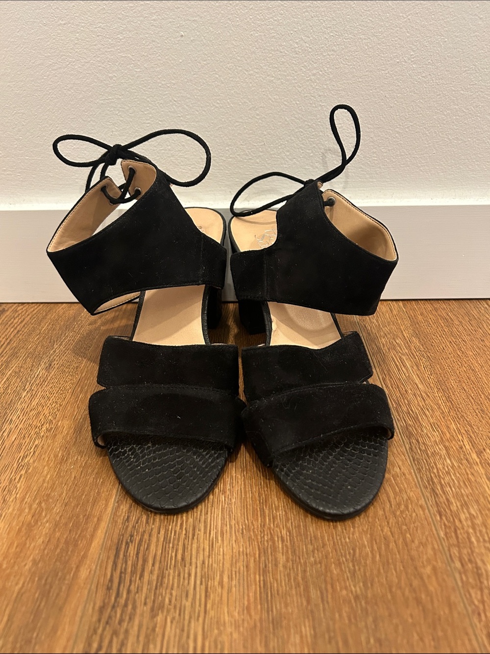 Franco Sarto Black Suede Lace-Up Block Heel Sandals